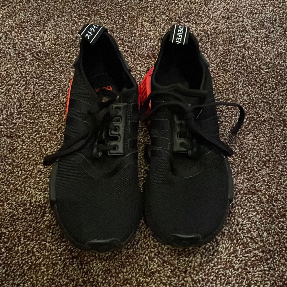 Adidas 2019 NMD R1 Primeblue shoes black with orange sole worn